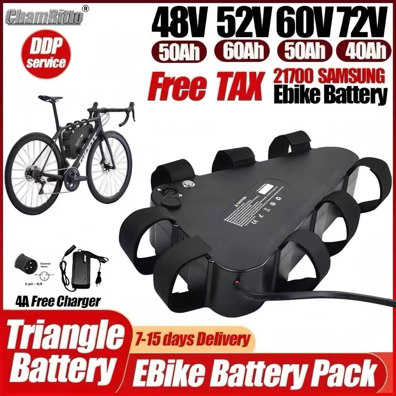 72V 50Ah 21700 Lithium Battery - Batería triangular para bicicleta eléctrica de